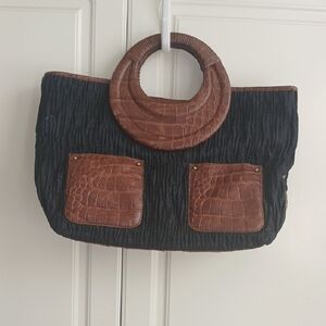 Donald J. Pliner Ruched Black/Brown Crocodile Leather Purse/Tote Bag